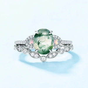 Natural moss agate and S925 sterling silver ring set with sparkling CZ stones