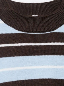 Detail of the ribbed crew neck and brown and blue striped knit fabric texture