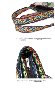 Detail of ethnic canvas tote featuring reinforced woven handles and smooth metal zipper