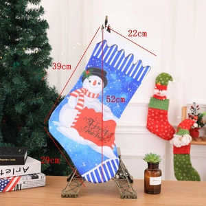 Detailed size chart showing dimensions for a blue snowman Christmas stocking decoration