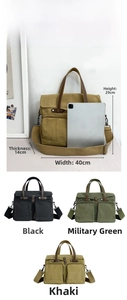 Detailed size comparison of multi-pocket canvas messenger bag with iPad reference