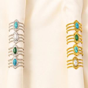 Adjustable Open Ring 304 Stainless Steel Geometric Multi Layer Faux Turquoise Inlaid Bohemian Vintage Jewelry For Women Men