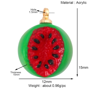 Detail view of acrylic watermelon charm with 15mm height and 12mm width measurements