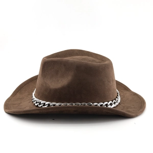 Detail of brown faux suede cowboy hat featuring a bold silver chain and classic pinched crown