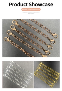 Detail of alloy lobster clasps with extender chains in bronze, silver, and gold for DIY