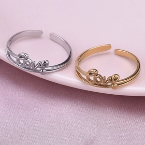 Adjustable silver and gold 304 stainless steel rings with cursive love script design