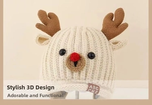 Detailed view of beige knit baby hat featuring cute 3D reindeer antlers and leather logo tag