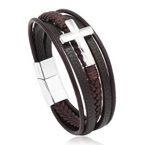 Men's dark brown multilayer braided leather bracelet with silver cross and magnetic clasp