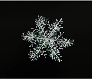 Detailed view of white snowflake ornament with iridescent wire wrap on black background