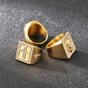 Hip hop gold lion head and cross signet rings for men in polished stainless steel
