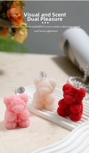 Close-up of bear-shaped candles featuring intricate rose relief patterns and candle labels