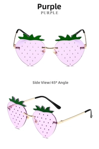 Detailed front and side views of strawberry shaped purple sunglasses with gold frames