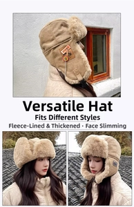 Detail of khaki windproof trapper hat with warm plush lining and adjustable buckle
