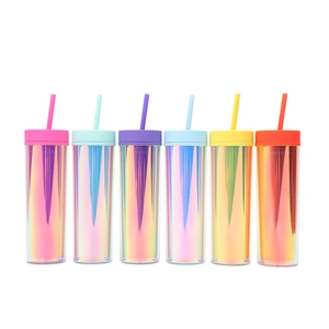 Set of 6 colorful 16oz double-layer plastic cups with iridescent finish and colored lids