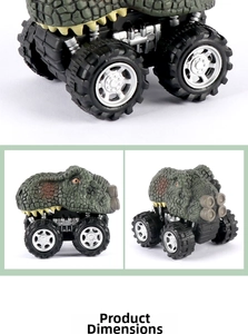 Detailed views of a green off-road dinosaur toy car with large anti-slip tires and textures
