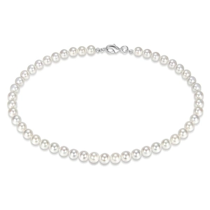 Men's hip hop pearl necklace with white round beads and silver lobster clasp on white background