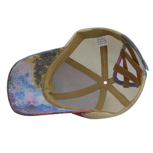 Tie-dye washed ponytail baseball cap with breathable mesh back and cross elastic straps
