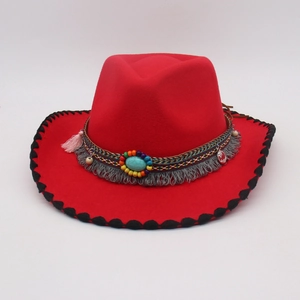 Ethnic style red felt cowboy hat with turquoise beads and colorful tassels for travel