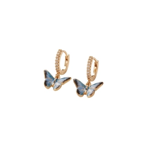 Élégantes créoles dorées serties de diamants et pendentifs papillons bleus en 3D