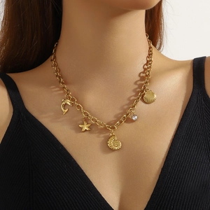 Gold plated stainless steel chunky chain necklace with ocean shell and dolphin pendants