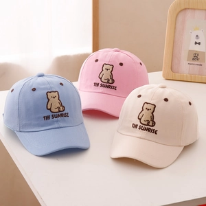 Kids baseball cap with cute bear embroidery and sunrise text in blue pink beige