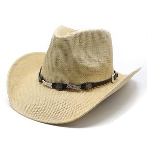 Classic straw cowboy hat with leather band and vintage star metal ornaments