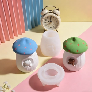 Mushroom house silicone molds for DIY resin storage jars with cute bear relief patterns