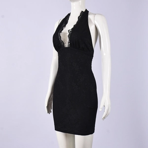 Close-up of black floral lace fabric and halter neck detail on a slim-fit dress