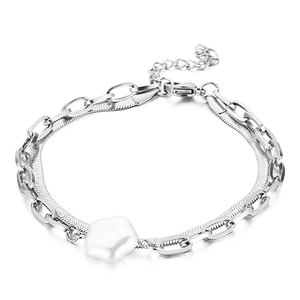 Silver double chain bracelet with snake chain, paperclip links and shell flower charm