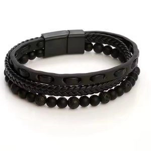 Men's multi-layer black leather braided bracelet with tiger eye beads and magnetic clasp