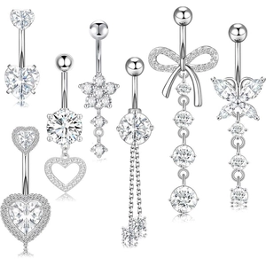 Set of 7 sparkling stainless steel navel rings with white cubic zirconia in varied shapes
