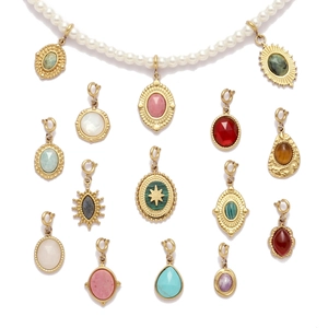 Elegant pearl necklace with various colorful natural stone pendants and gold clasps