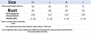 Size chart showing XS to L measurements for the lace-up camisole top in acetate velvet