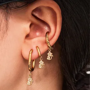 Hoop Earrings Stainless Steel 18K Gold Plated Micro Pave Zircon Cartoon Cat Bear Girl Dangle Exquisite Jewelry Women