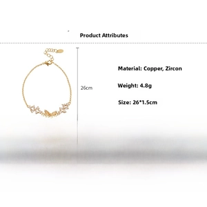 Detailed specs of 18k gold plated flower butterfly bracelet with 26cm length and lobster clasp