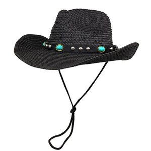 Western Cowboy Straw Hat With Turquoise And Rivets Woven Sun Protection Wide Brim Vintage Style For Outdoor Beach