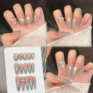 Ombre Gradient Pink Blue Press On Nails 3D Bow Decor Cat Eye Effect Long Almond Stiletto Full Cover False Nails