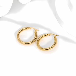 Detailed view of polished 18K gold plated stainless steel chunky hoop earrings on white