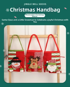 Detailed view of three knitted Christmas gift bags with 3D snowman, reindeer, and Santa dolls
