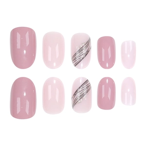 Almond pink press-on nails with silver glitter wavy lines in a set of ten pieces