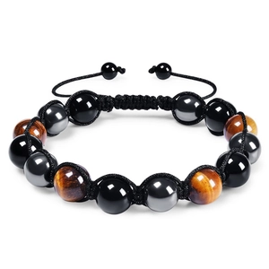Triple Protection Bracelet Tiger Eye Hematite Black Agate Natural Stone Beaded Handmade Woven Adjustable Energy Healing Jewelry