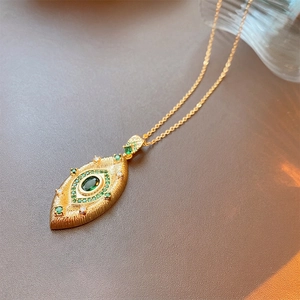 Vintage Evil Eye Pendant Necklace Gold Plated Copper Green Gemstone Exaggerated Retro Jewelry For Women