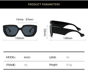 Detailed size chart for oversized square sunglasses showing frame dimensions and PC material