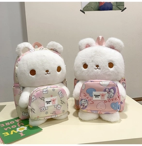 Detail of cute plush bunny backpack showing soft white fur and pastel color pocket designs