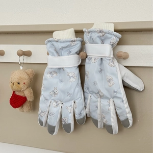 Light blue bunny print ski gloves with adjustable straps and non-slip fingertips