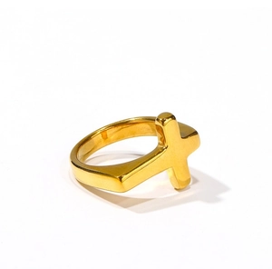 Minimalist 18k gold plated stainless steel cross ring with a high polished mirror finish