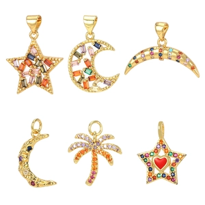 Colorful Zircon Moon Star Palm Tree Charms Copper Gold Plated Pendants Jewelry Making DIY Necklaces