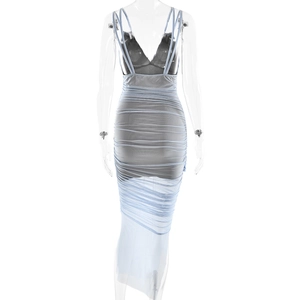 Detail of blue mesh ruched mini dress with deep V-neck and delicate spaghetti straps