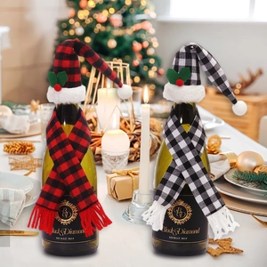 Christmas buffalo plaid wine bottle hat and scarf set for festive holiday home decor