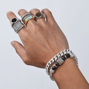 Men's hip-hop stainless steel ring set with turquoise and tiger eye stones on hand